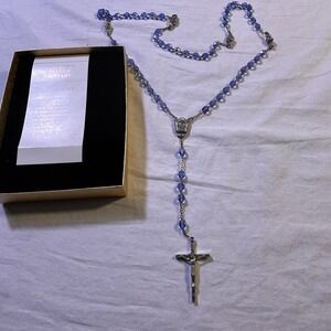 Vintage Catholic Faceted Aqua Blue Crystal Rosary, Silver Tone Crucifix, Italy
